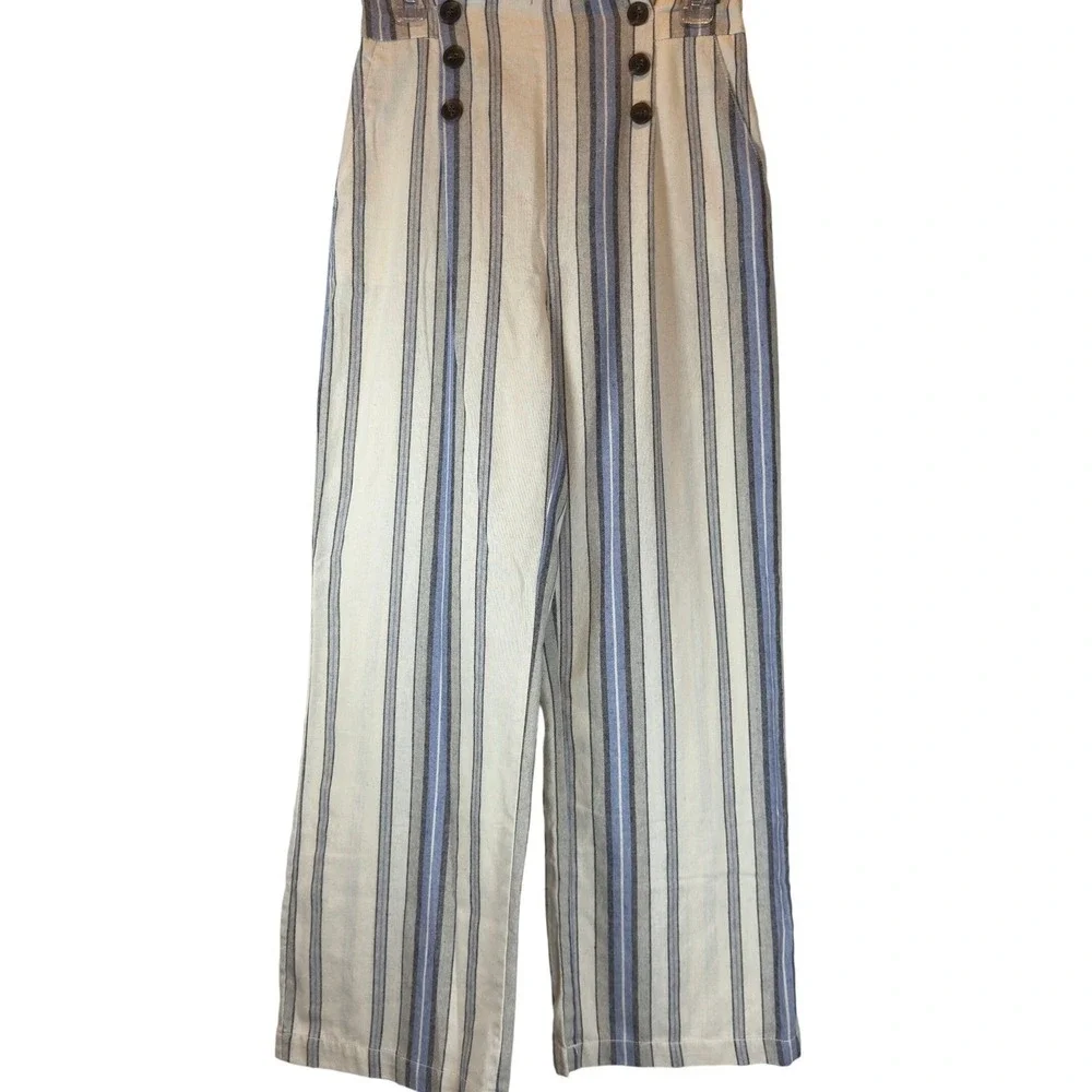 Ci Sono Linen Blend Wide Leg Pants Medium Blue Ivory Button Detail Coastal Style - Picture 2 of 10